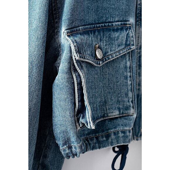 Urban Daizy Utility Cropped Drawstring Hem Stand Collar Denim Jacket - Picture 3 of 16